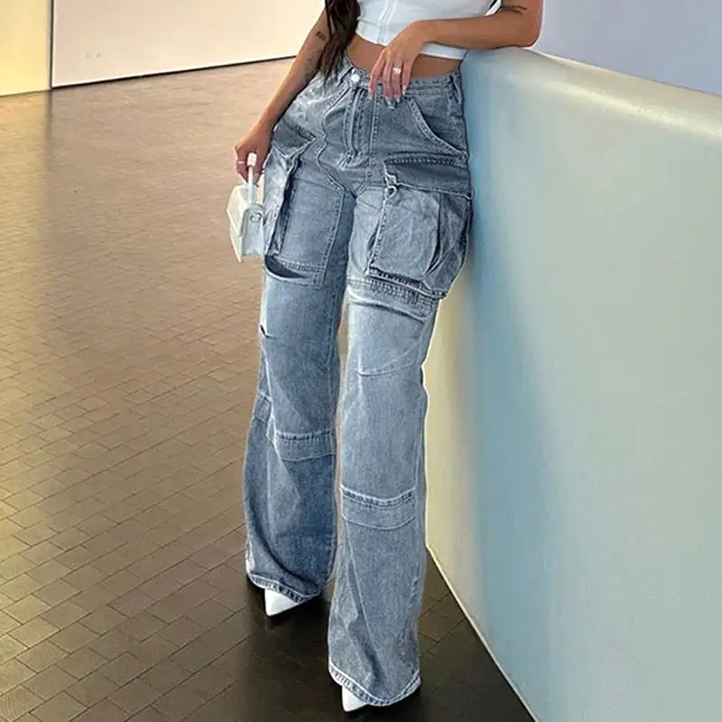 Ashore Shop Womens Denim Oversized Cargo Denim Jeans Pockets Button Fashion Pants High Waist All-match Women Casual Trousers Hip