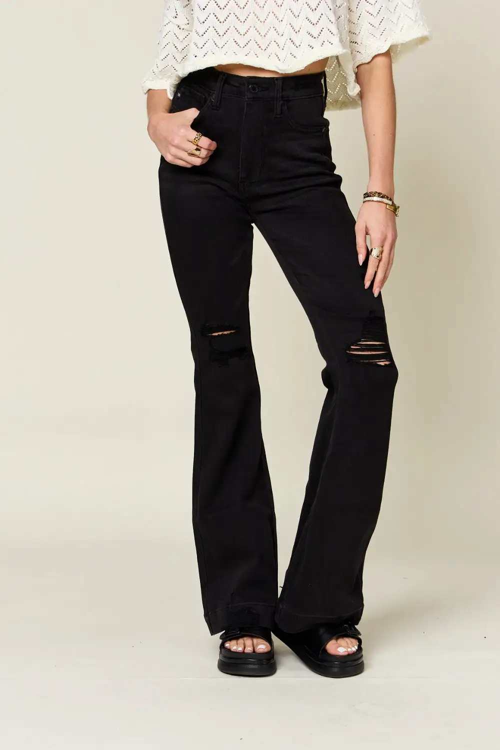 Black Full Size High Waist Distressed Flare Jeans