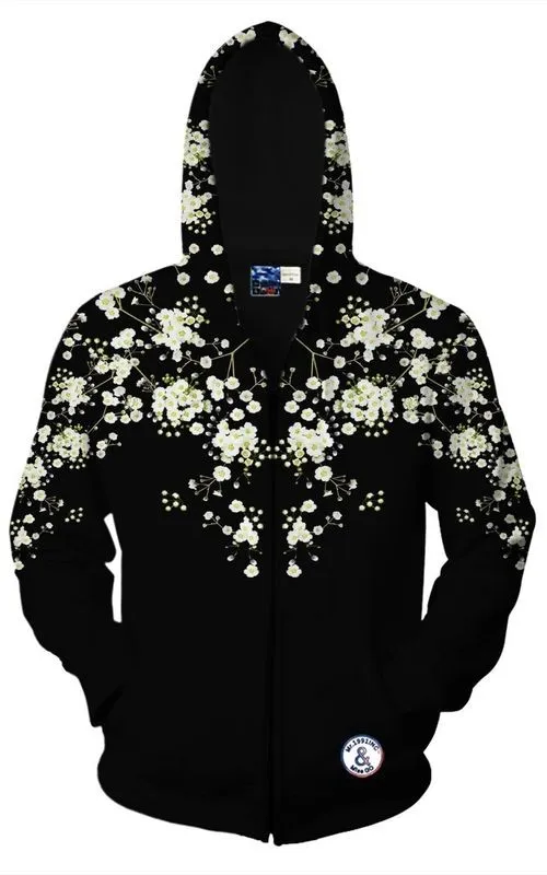 Black White Flower Floral Long Sleeves Mens Jacket Winter Hooded Hoodies