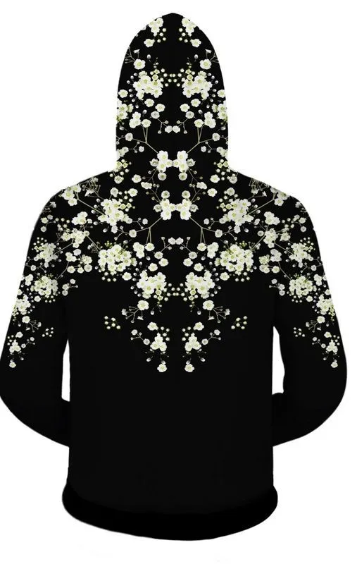 Black White Flower Floral Long Sleeves Mens Jacket Winter Hooded Hoodies