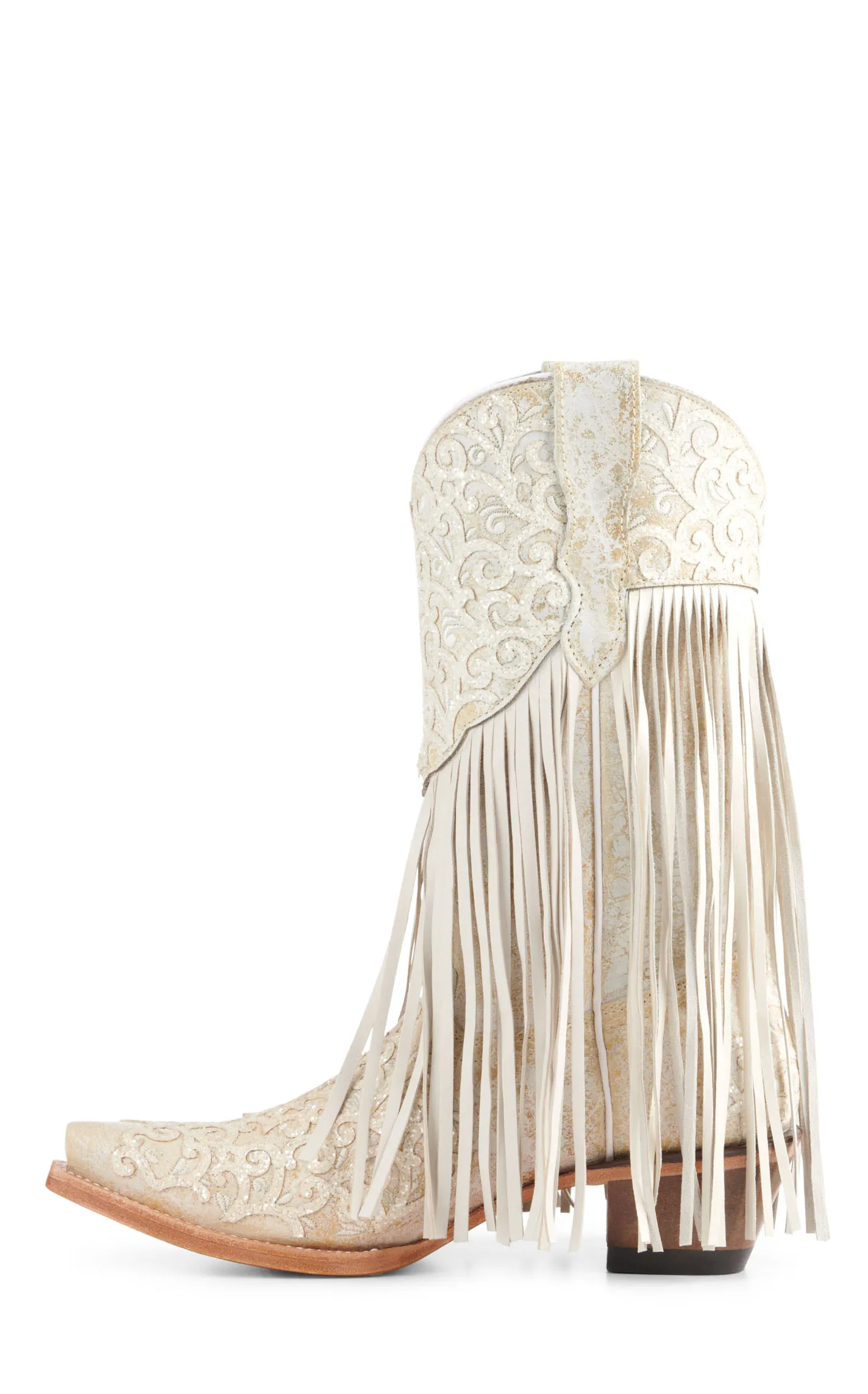 Corral Girls' White with Glitter Overlay and Fringe Snip Toe Cowboy Boots