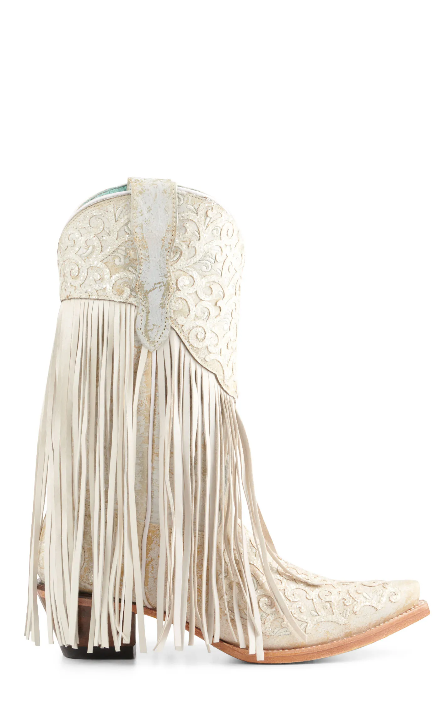 Corral Girls' White with Glitter Overlay and Fringe Snip Toe Cowboy Boots