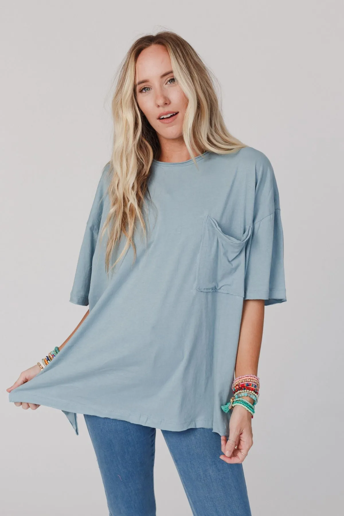 Delaney Oversized Raw Edge Tee - Blue Gray