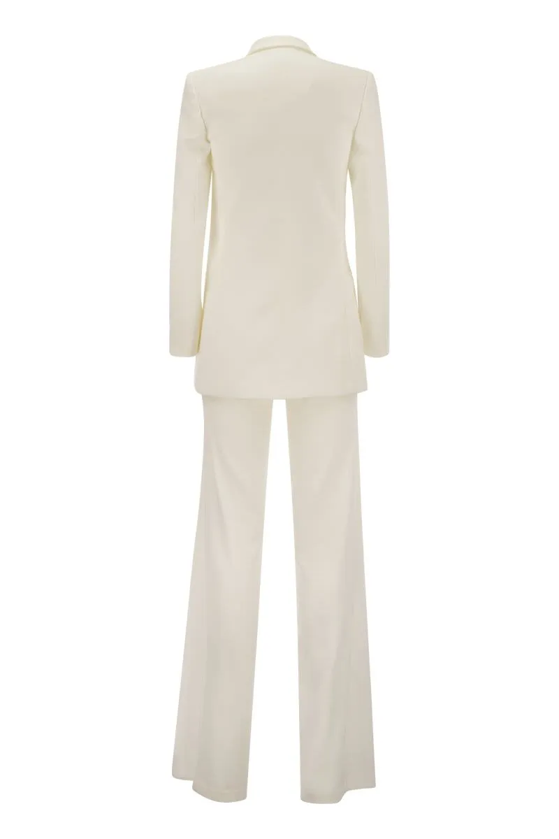 ELISABETTA FRANCHI White Crepe Jacket and Trousers Suit for Women - Flared Legs, Monogram Lining, Invisible Zip