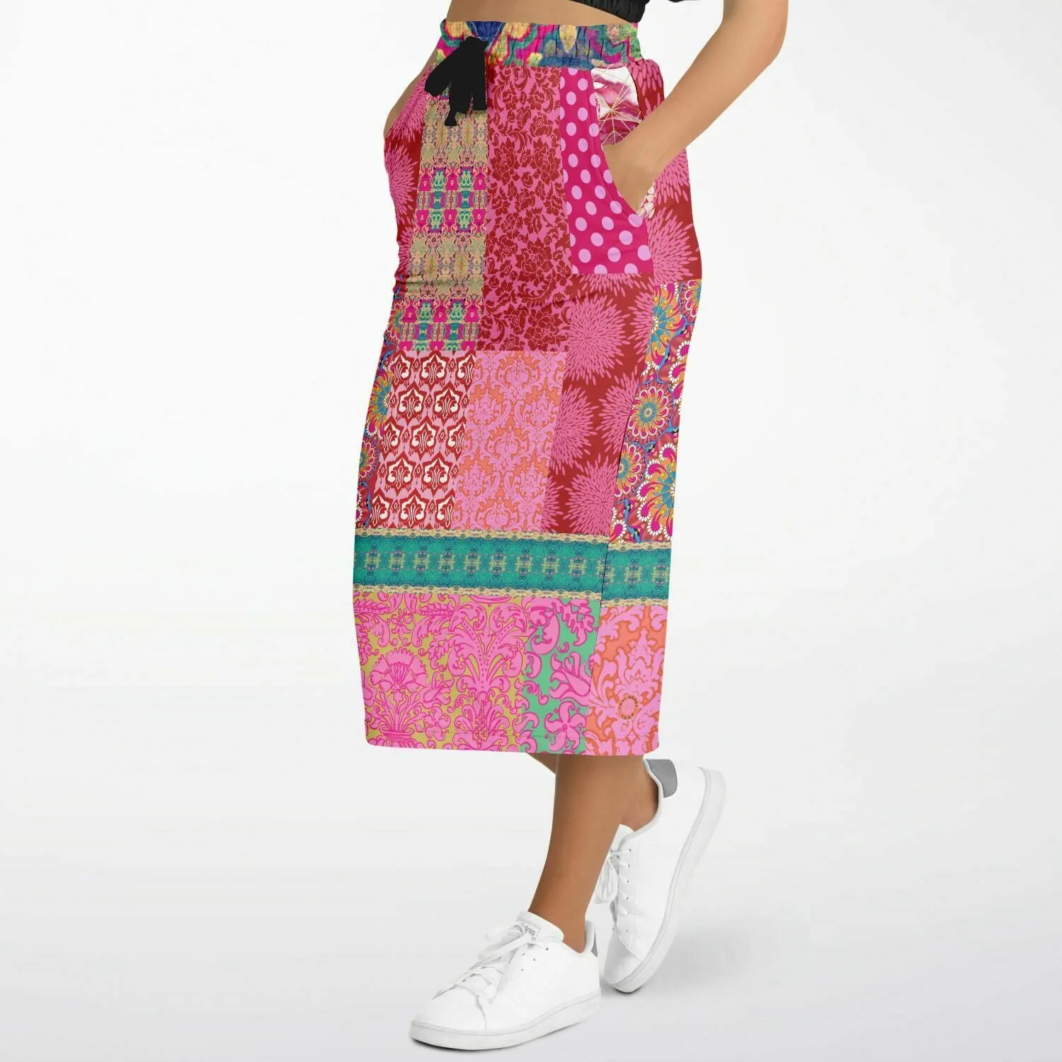 Gypsy Beat Pink Indian Floral Eco-Poly Long Pocket Skirt