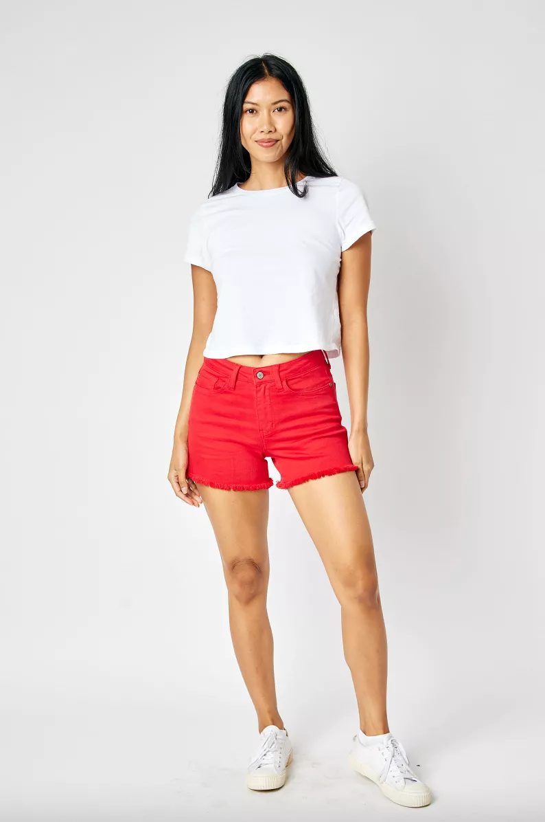 Judy Blue Garment Dyed Fray Hem Shorts - Red