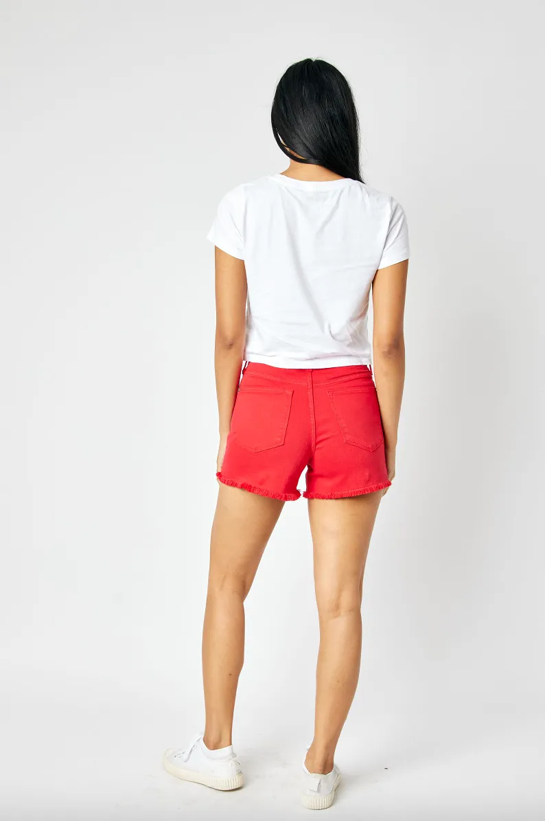 Judy Blue Garment Dyed Fray Hem Shorts - Red