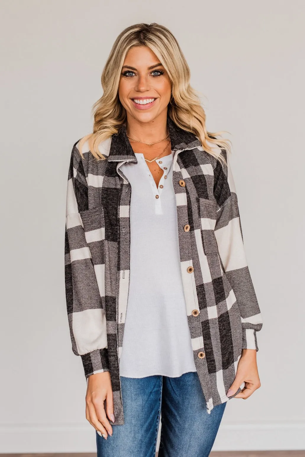 Just Between Us Button Plaid Top- Black & Ivory