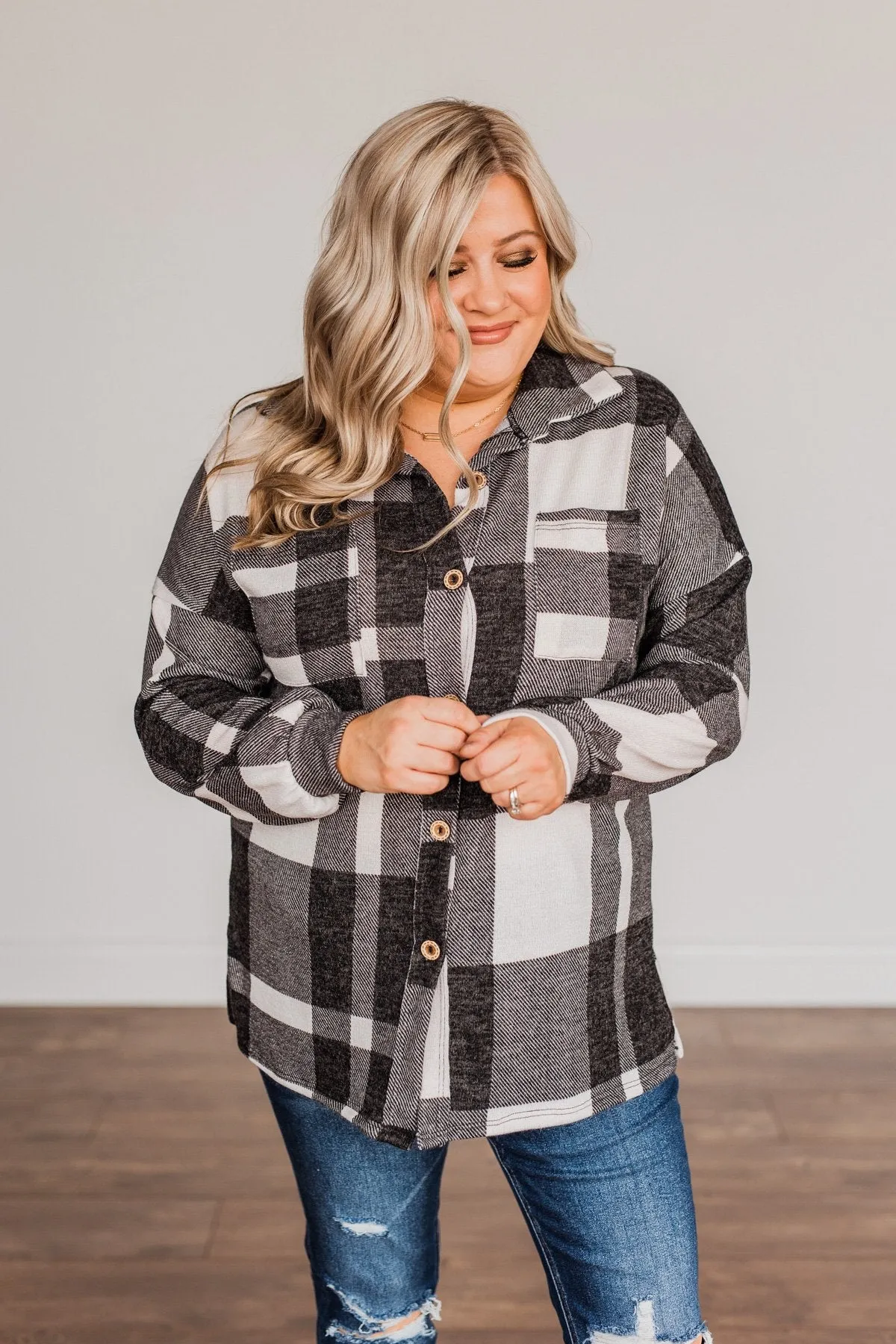 Just Between Us Button Plaid Top- Black & Ivory