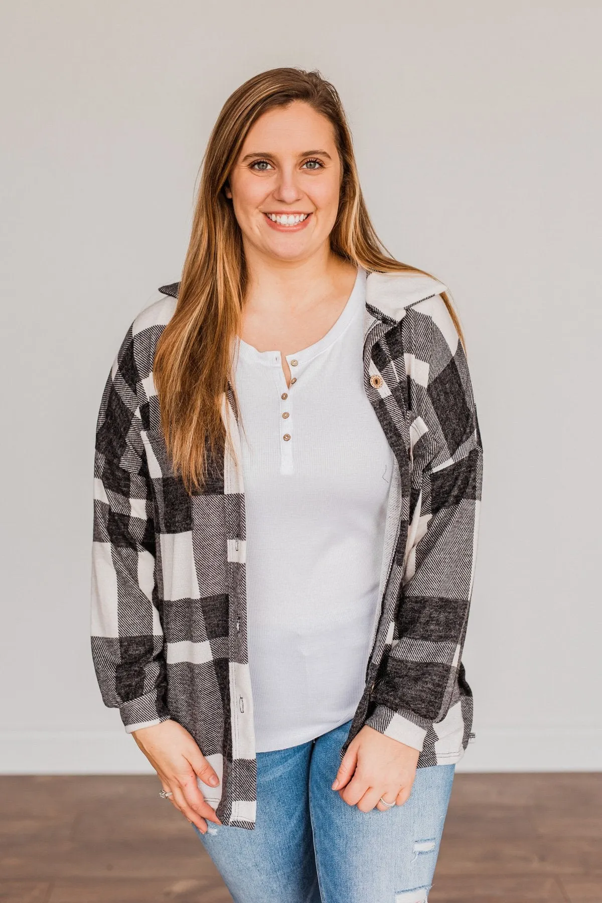 Just Between Us Button Plaid Top- Black & Ivory