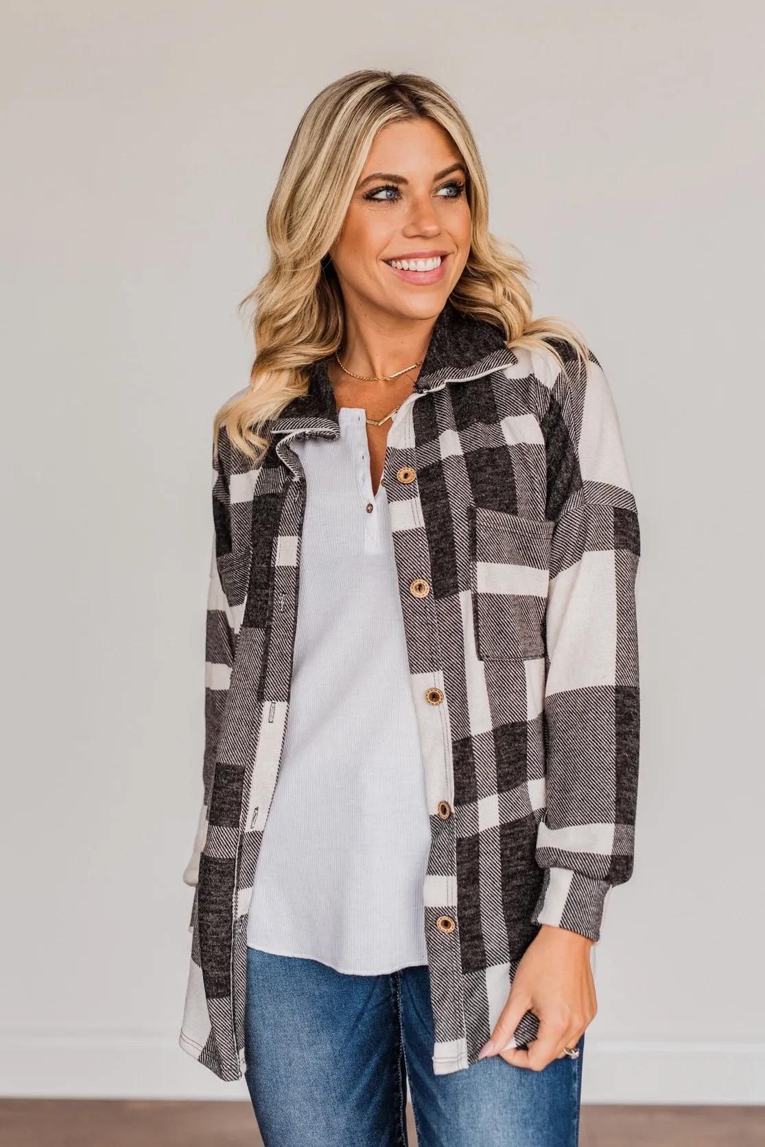 Just Between Us Button Plaid Top- Black & Ivory