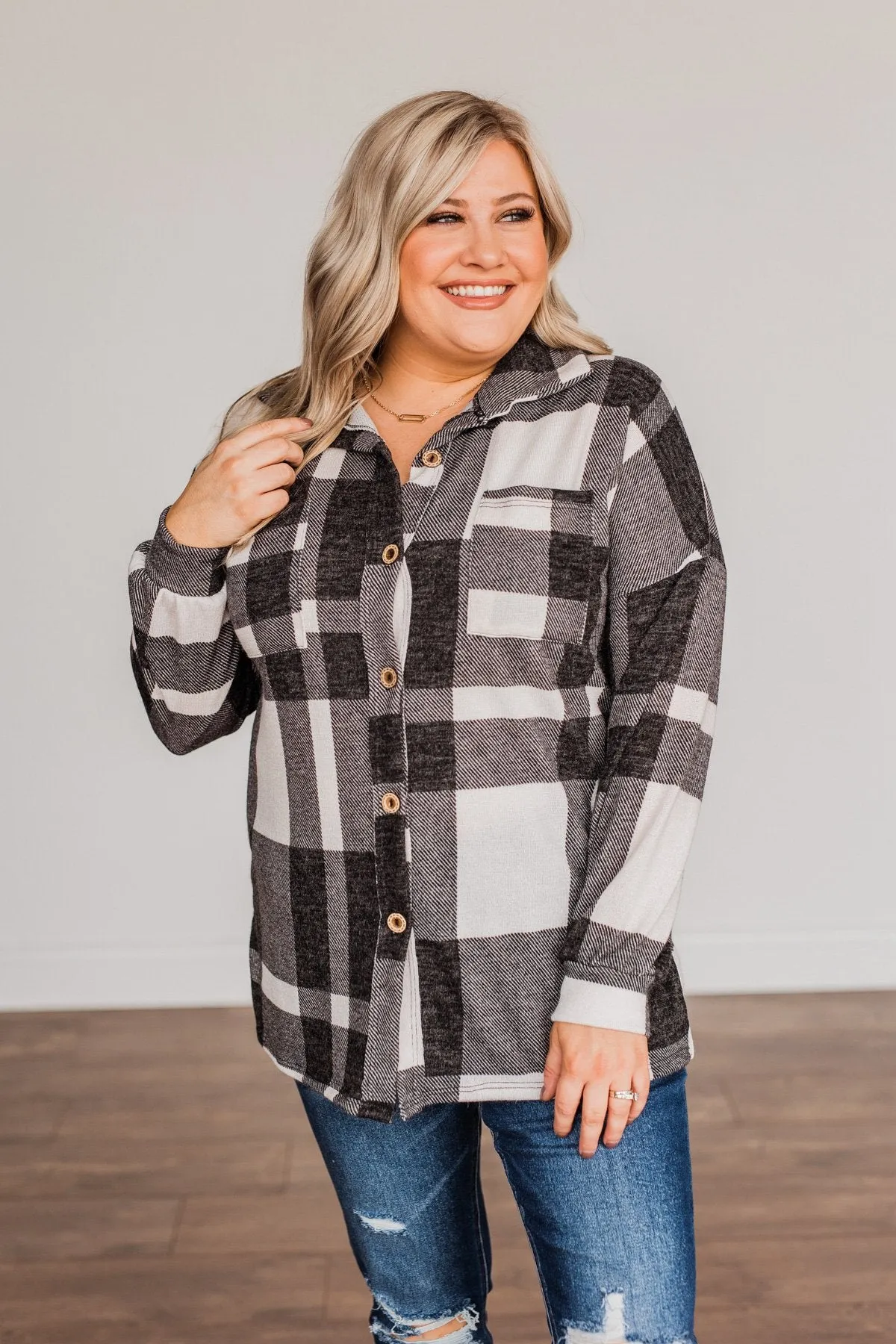 Just Between Us Button Plaid Top- Black & Ivory