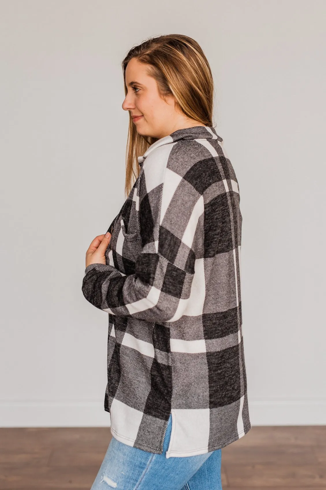 Just Between Us Button Plaid Top- Black & Ivory