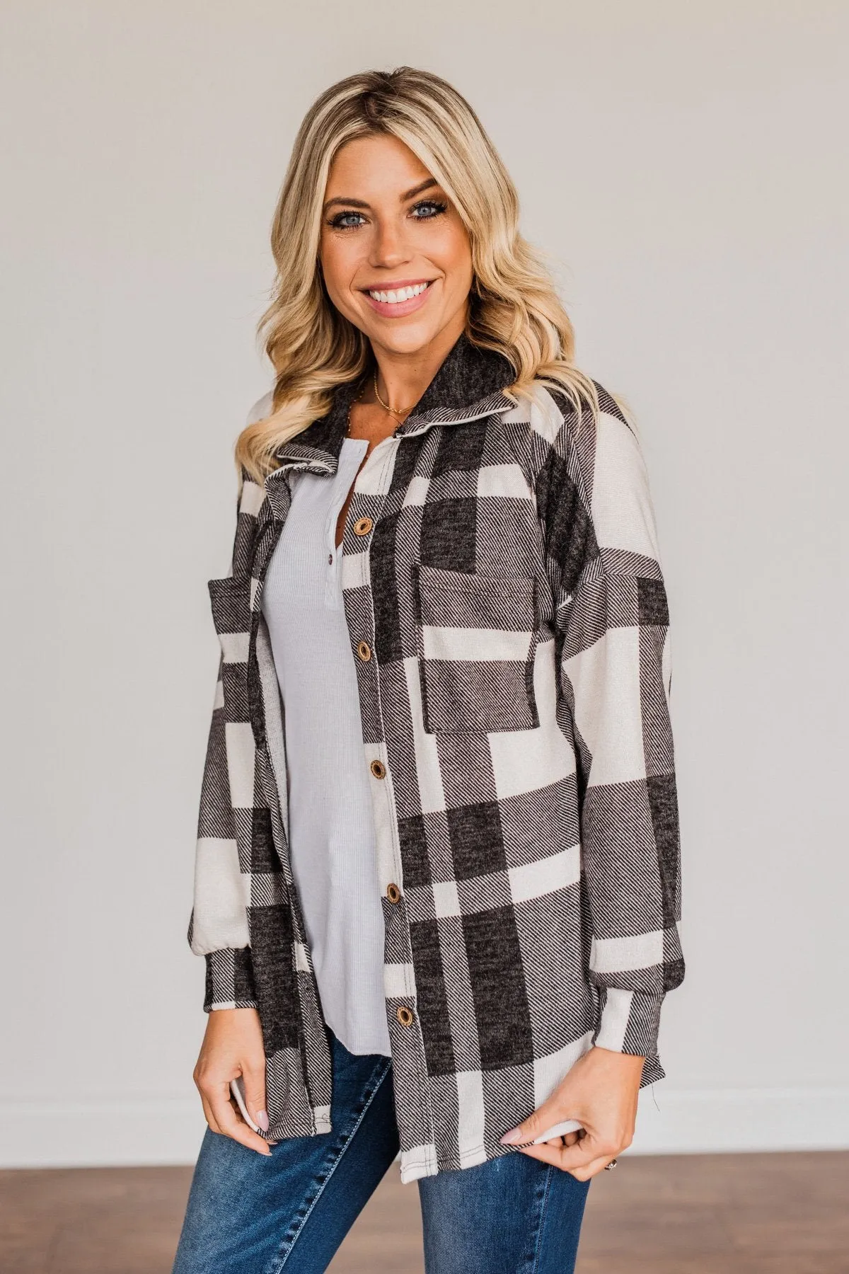 Just Between Us Button Plaid Top- Black & Ivory