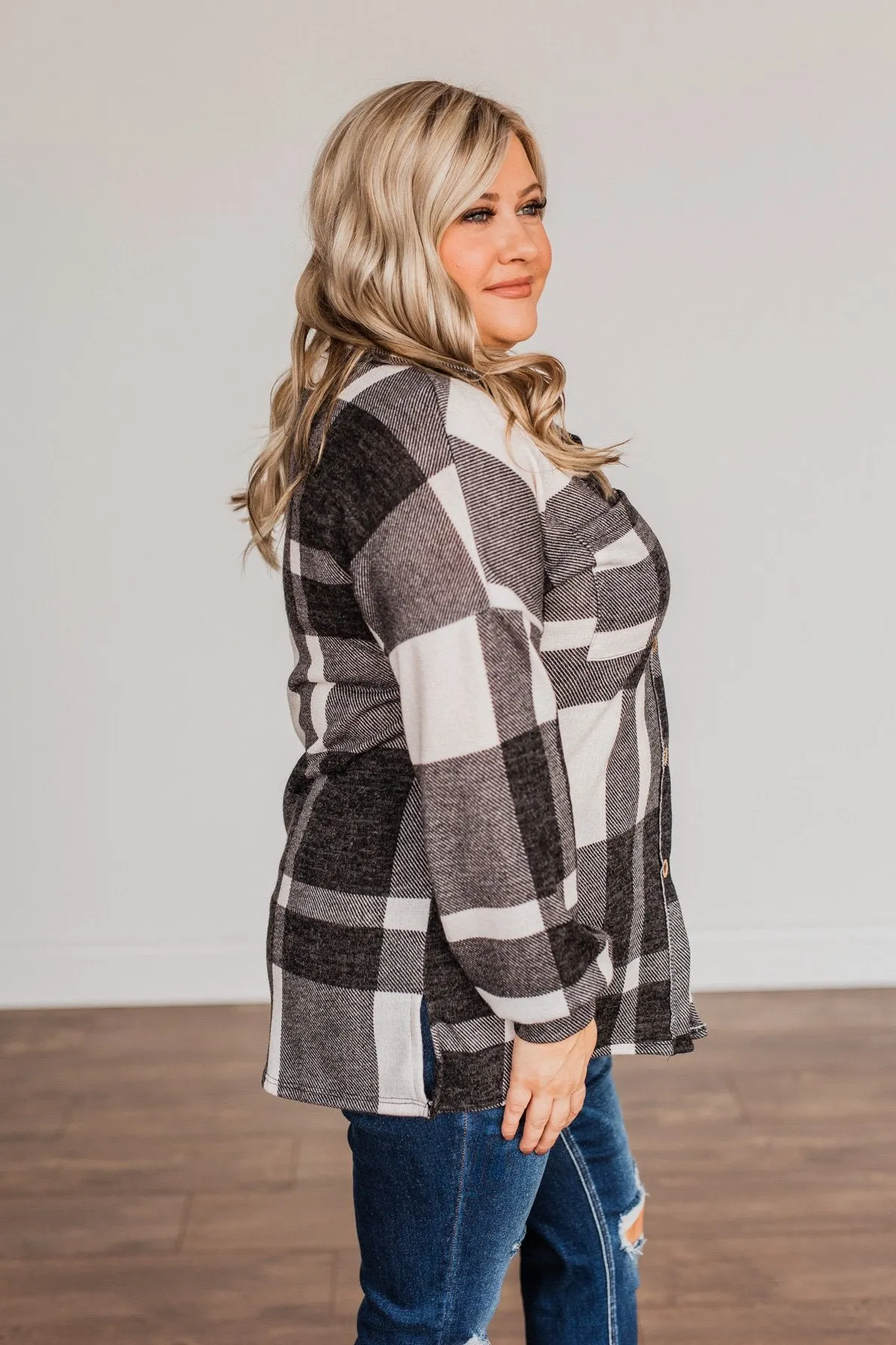 Just Between Us Button Plaid Top- Black & Ivory