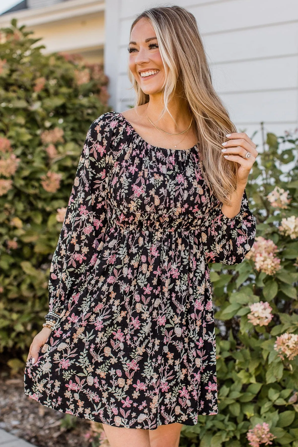 Just Getting Started Floral Dress- Black