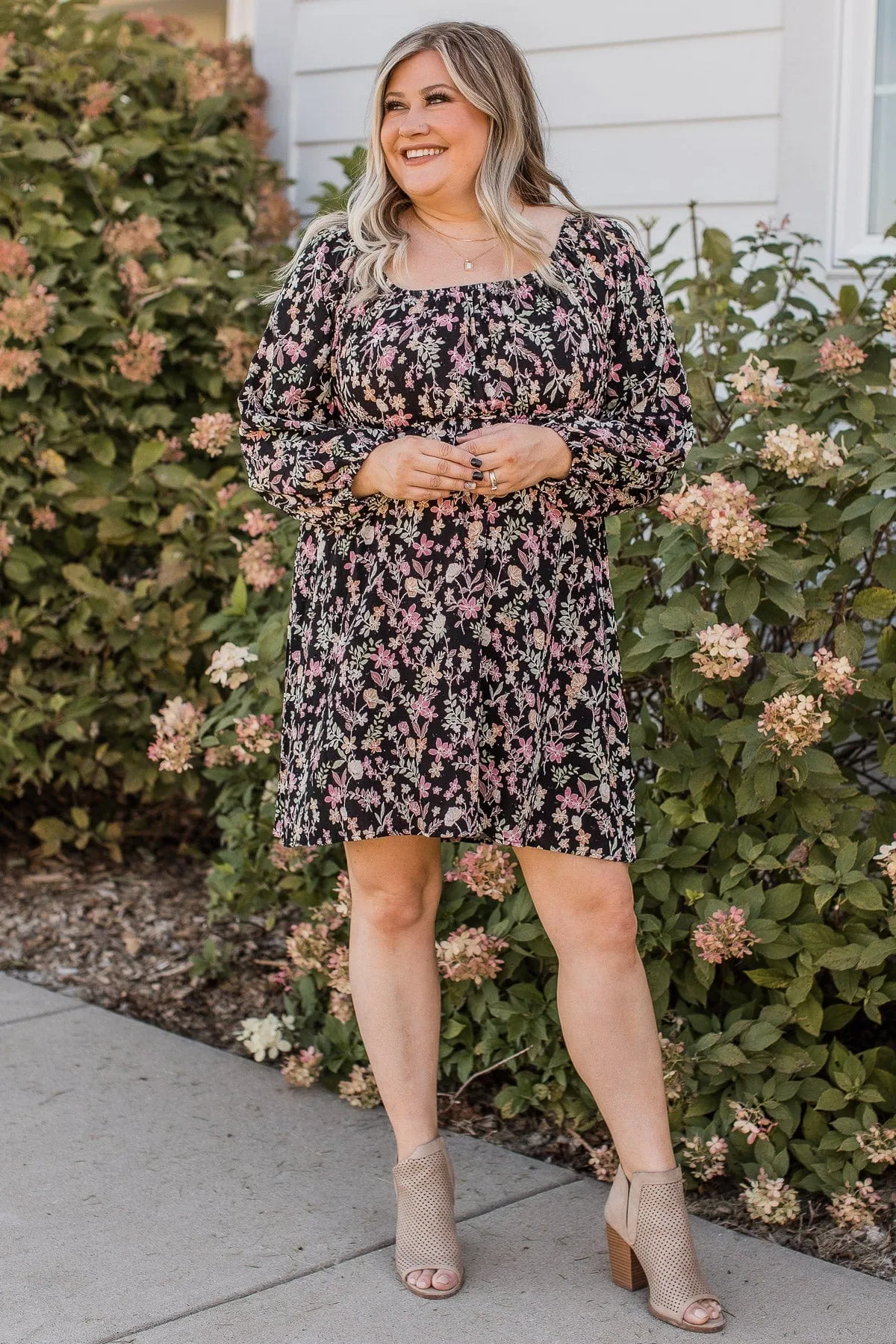 Just Getting Started Floral Dress- Black