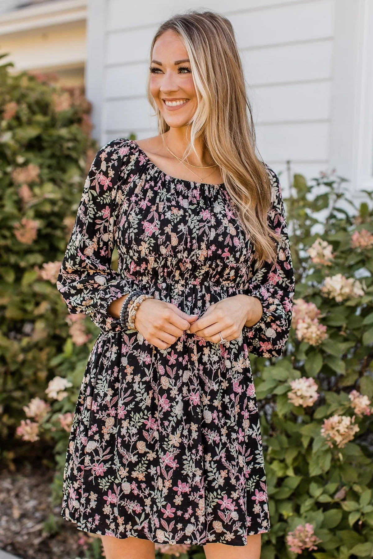 Just Getting Started Floral Dress- Black