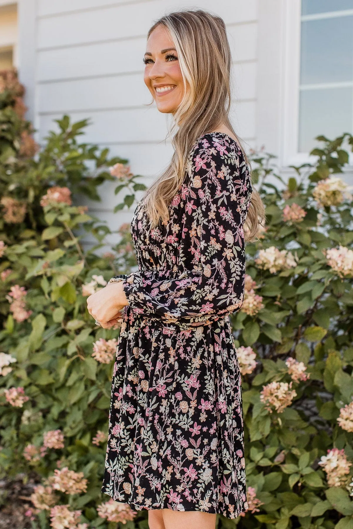 Just Getting Started Floral Dress- Black