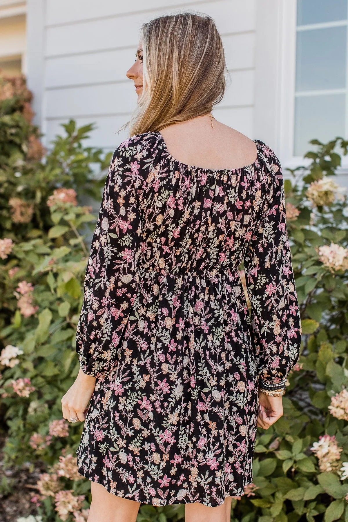 Just Getting Started Floral Dress- Black