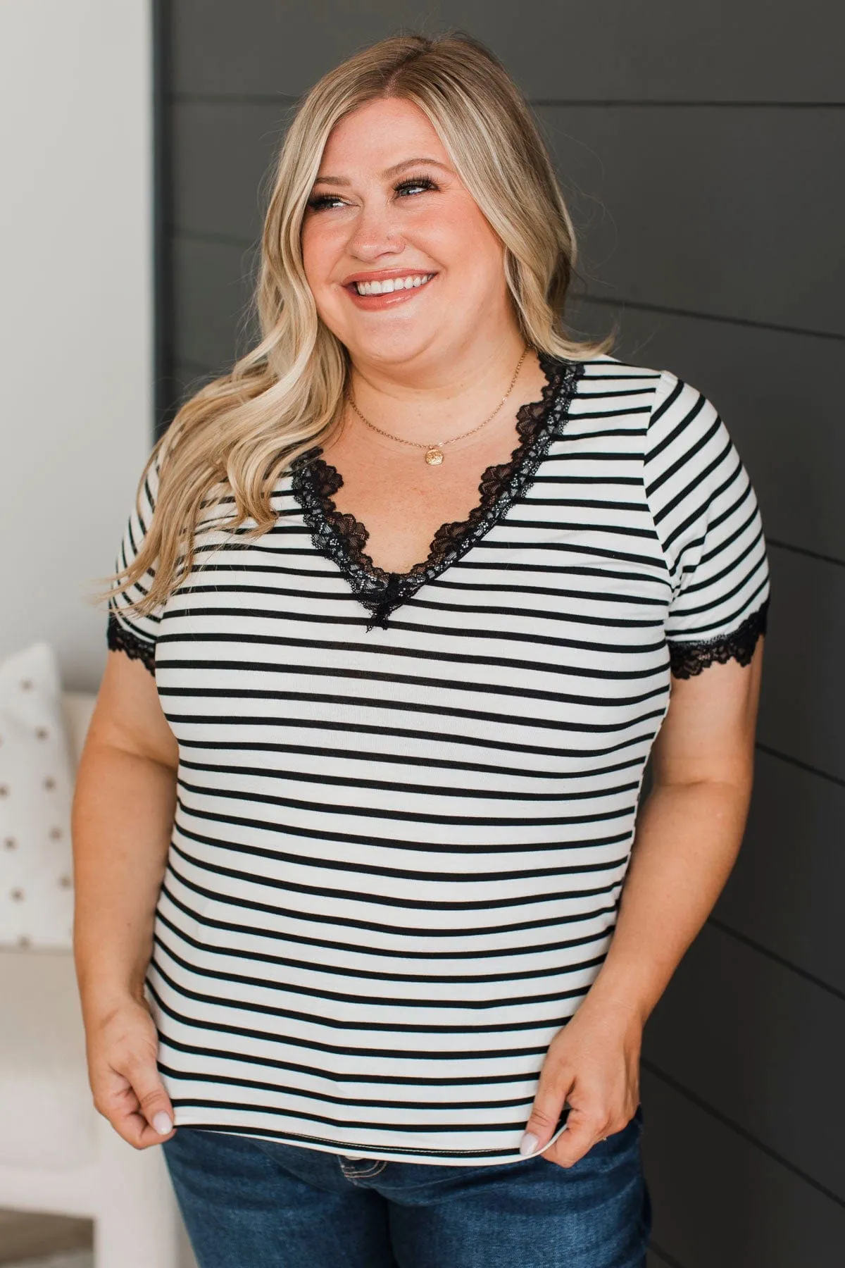 Just The Sweetest Striped Lace Top- Black & White