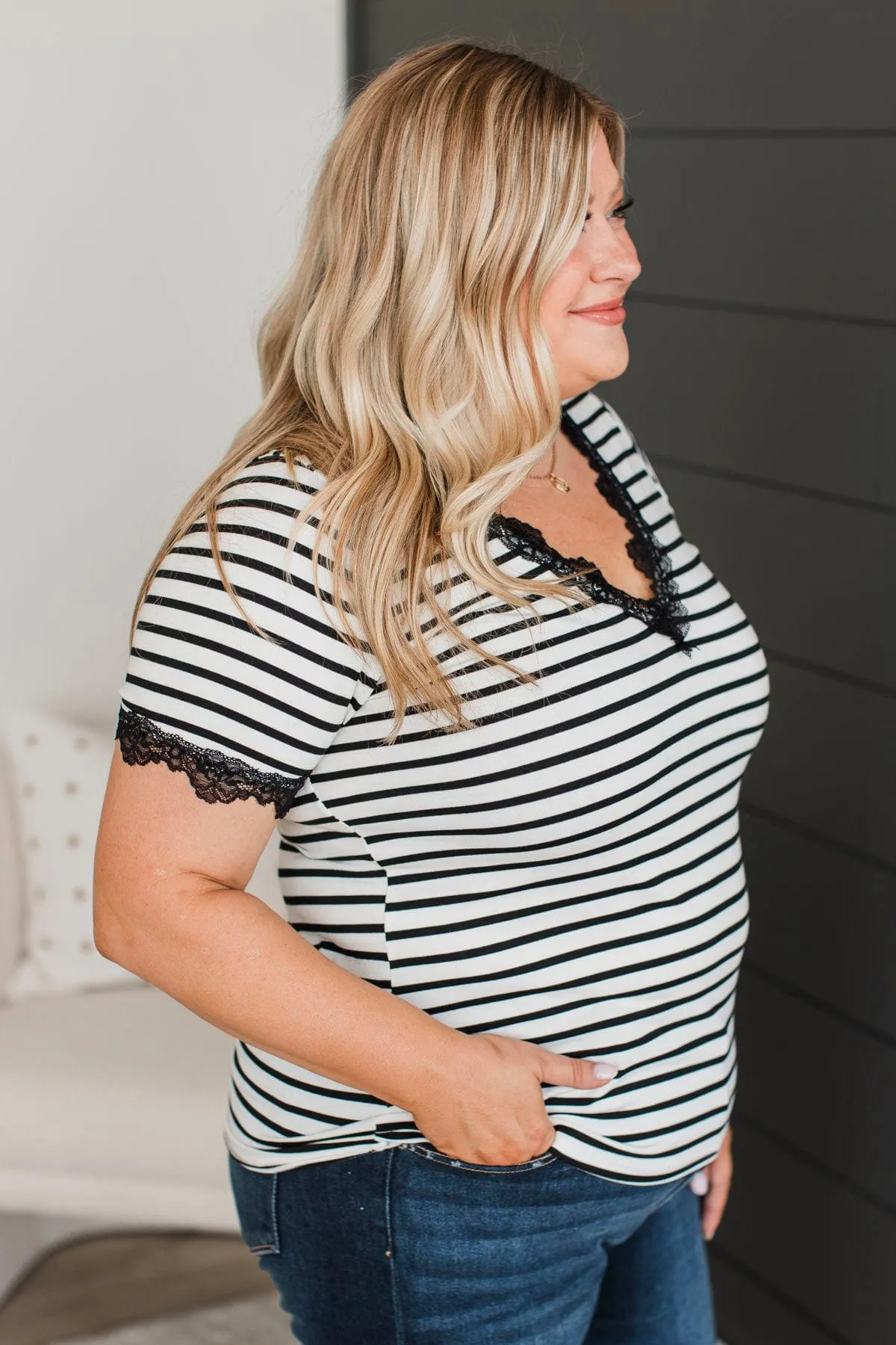 Just The Sweetest Striped Lace Top- Black & White