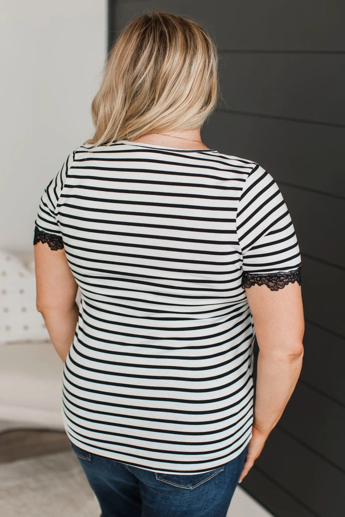 Just The Sweetest Striped Lace Top- Black & White