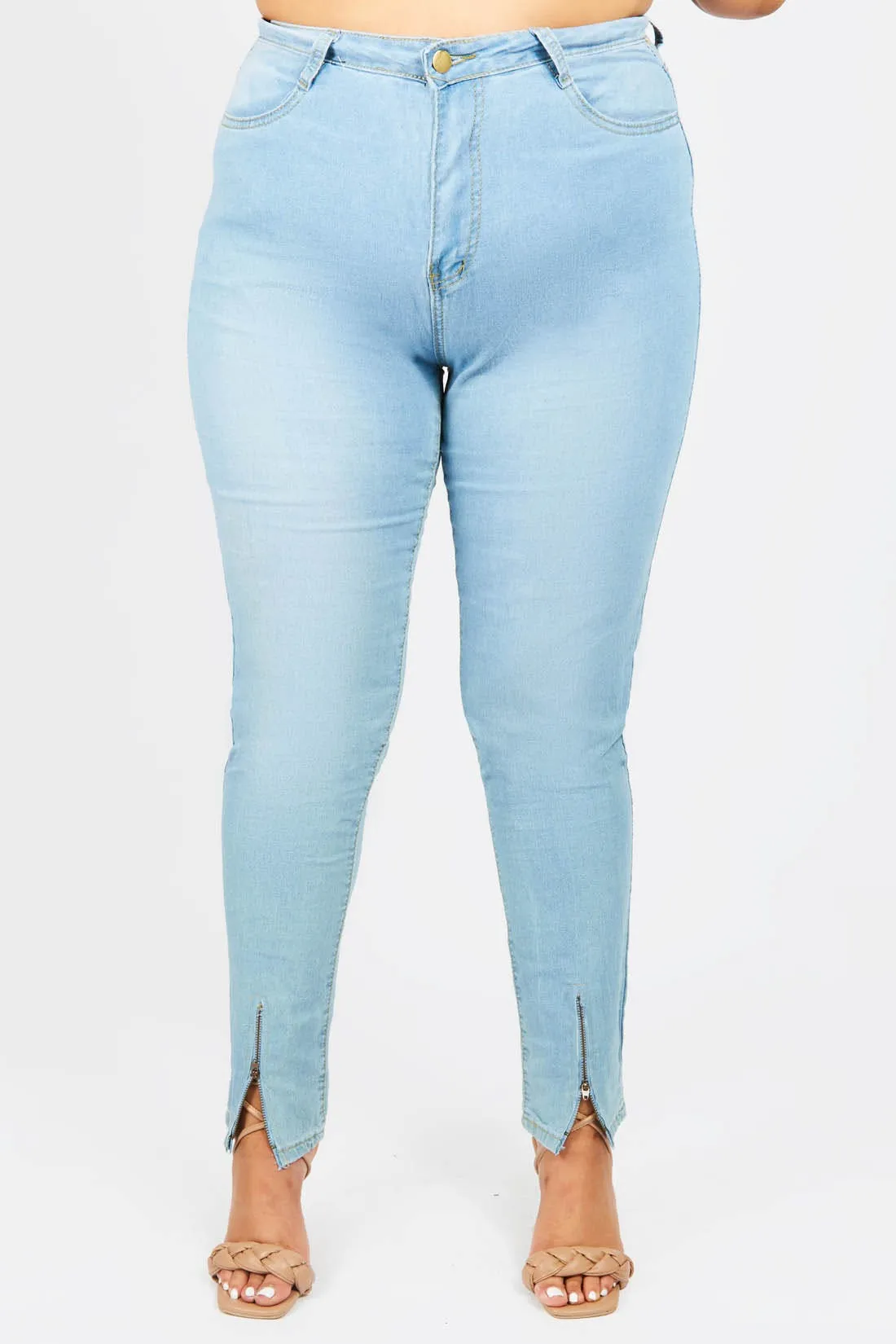 Light Blue Plus Skinny Jeans With Zip Detailing