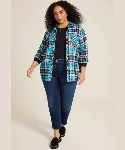 maurices Plus Size Women's Cabin Plaid Classic Button Down Shirt Blue Size 1X