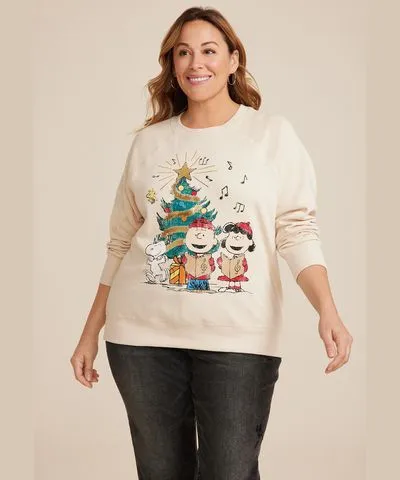 maurices Plus Size Women's Peanuts Holiday Relaxed Fit Sweatshirt Beige Size 1X