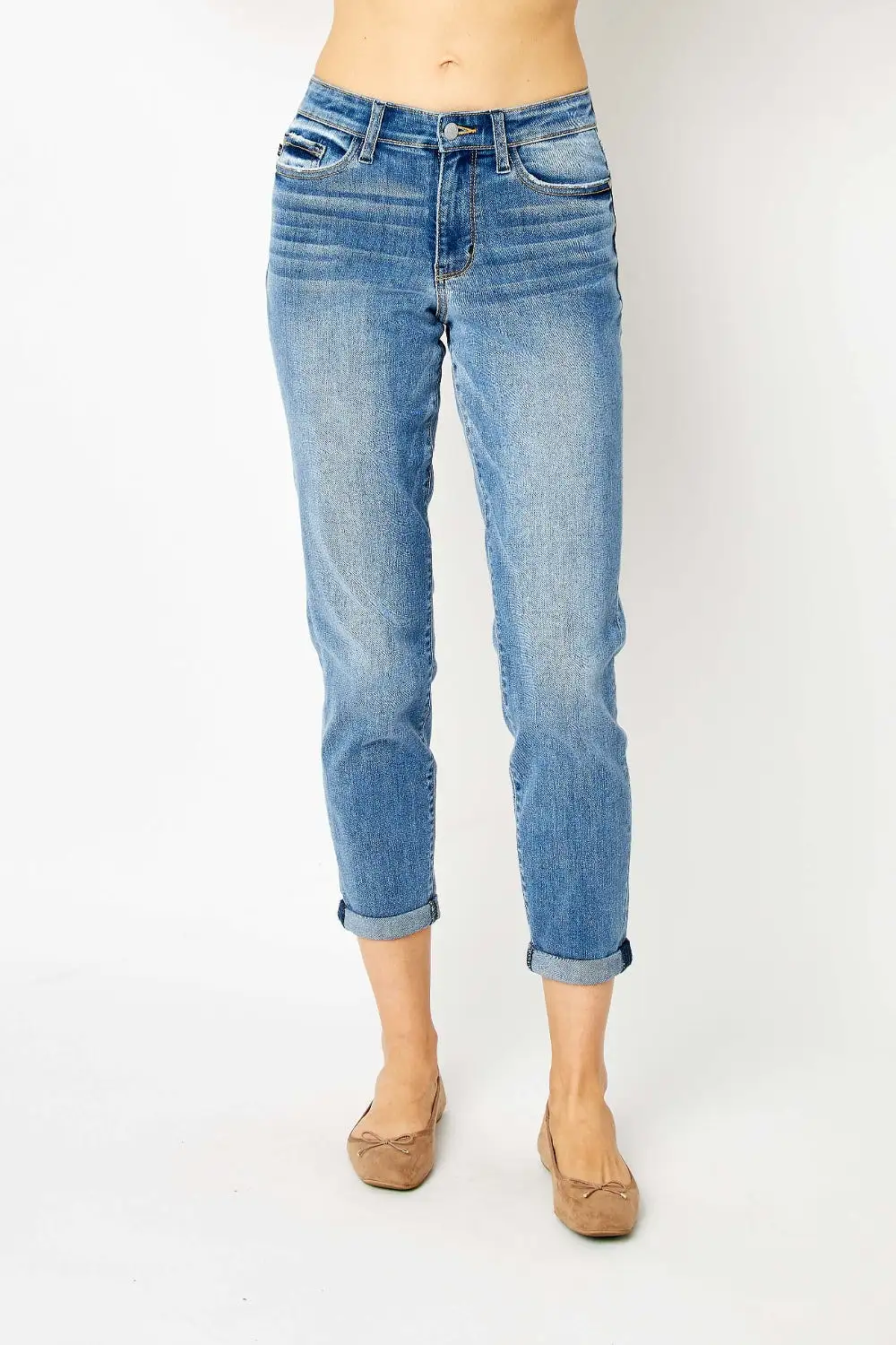 Mid Wash Full Size Cuffed Hem Slim Jeans