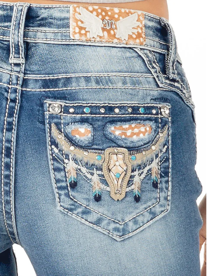 Miss Me M3857B Womens Mid-Rise Boot Jean Longhorn Medium Blue