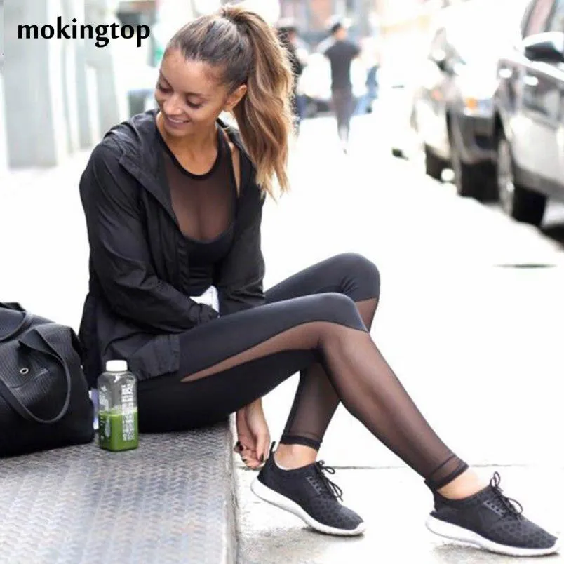 mokingtop Workout Clothes Sexy Mesh Black Women Leggings Transparent Hollow Out Pants Fitness Wear Spodnie Dresowe Damskie#A131 