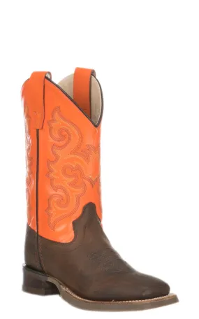 Old West Kids Brown and Orange Square Toe Cowboy Boots