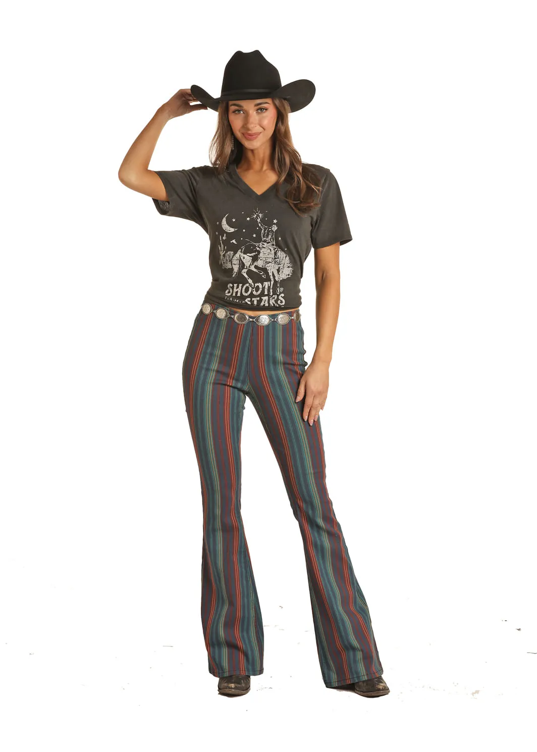 Panhandle Slim Womens Green and Burgundy Pull On Jeans