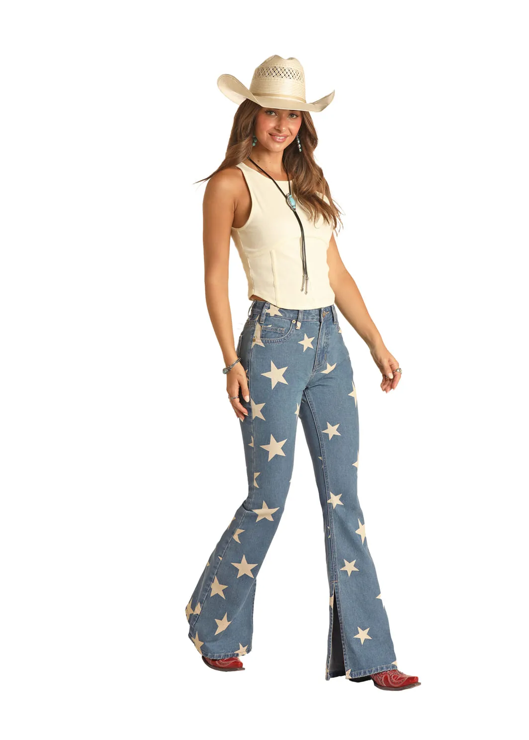 Panhandle Slim Womens Star High Rise Flare Jeans