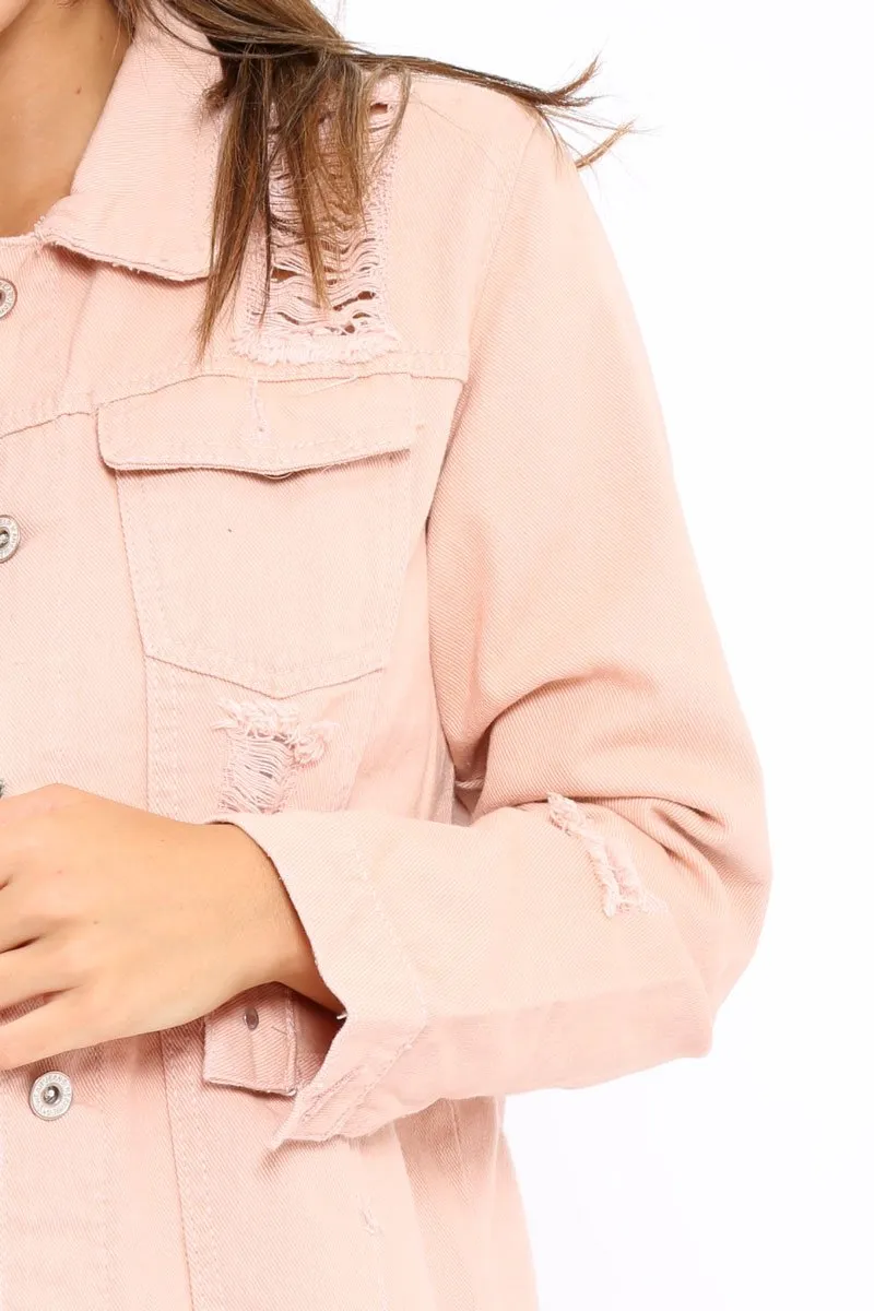 Pink Distressed Denim Jacket - Saima