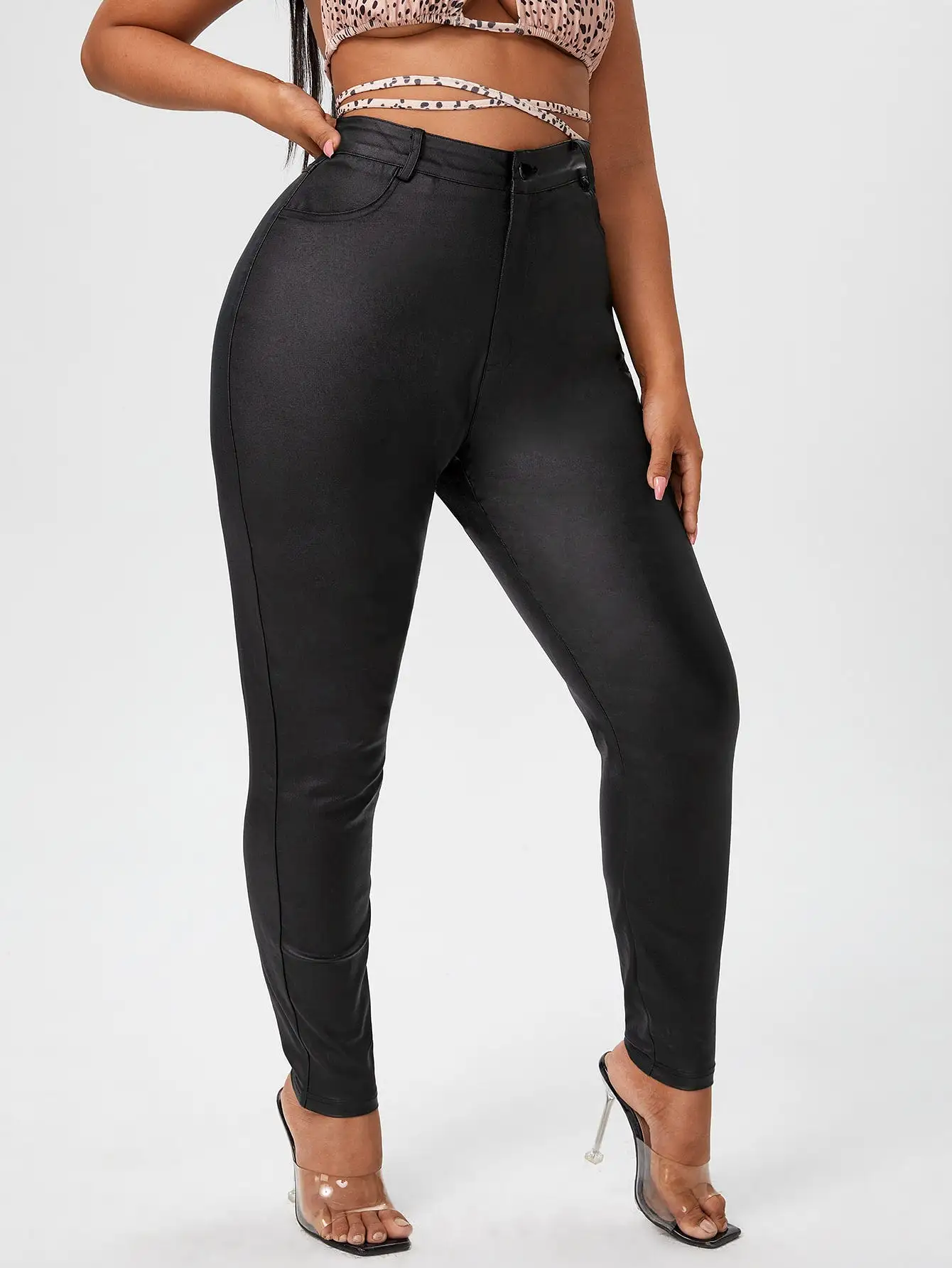 Plus Curvy High Waist Leather Look Skinny Jeans