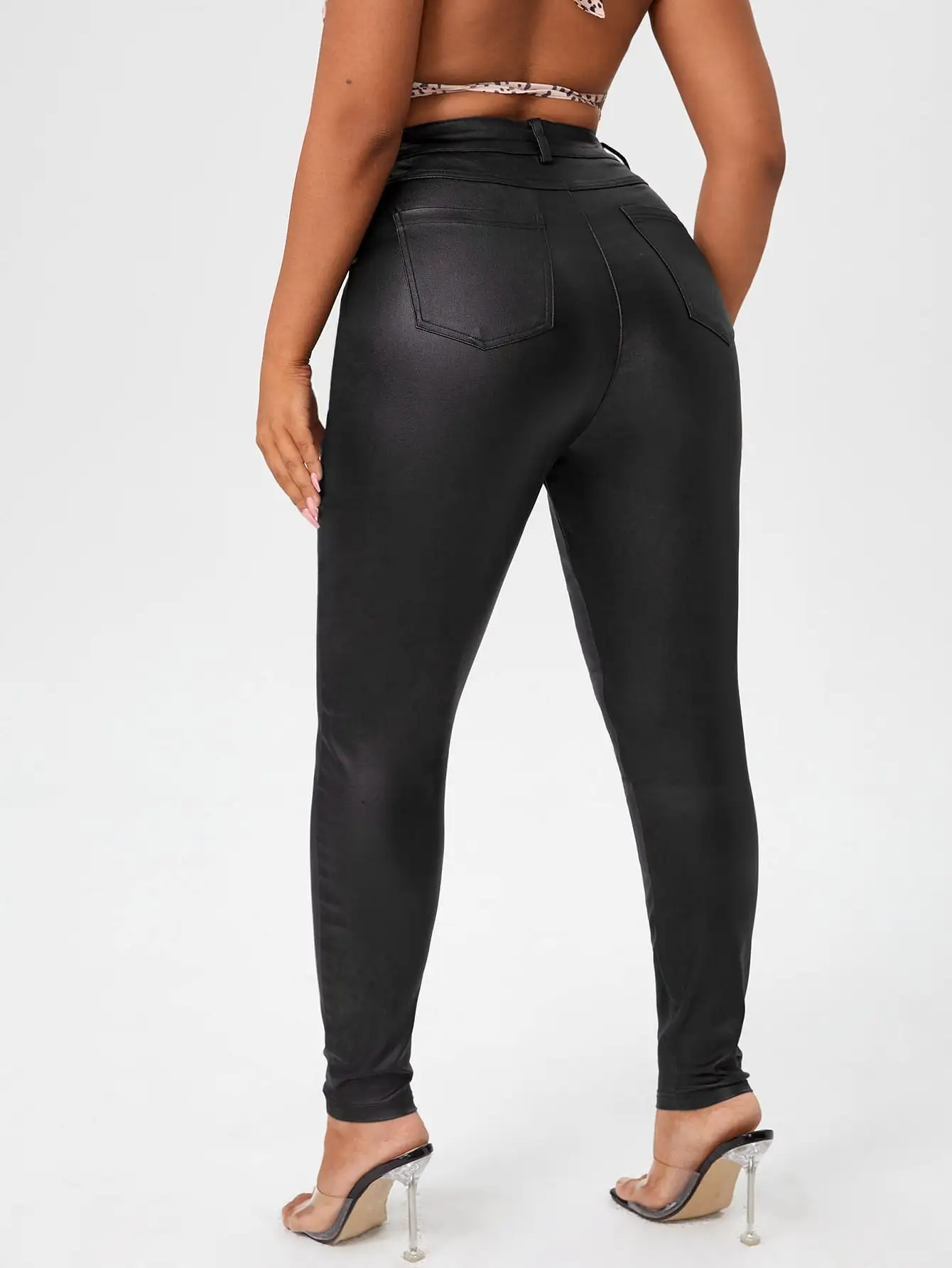 Plus Curvy High Waist Leather Look Skinny Jeans