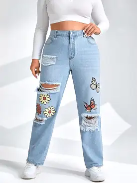 Plus Floral Butterfly Print High Waist Ripped Straight Leg Jeans