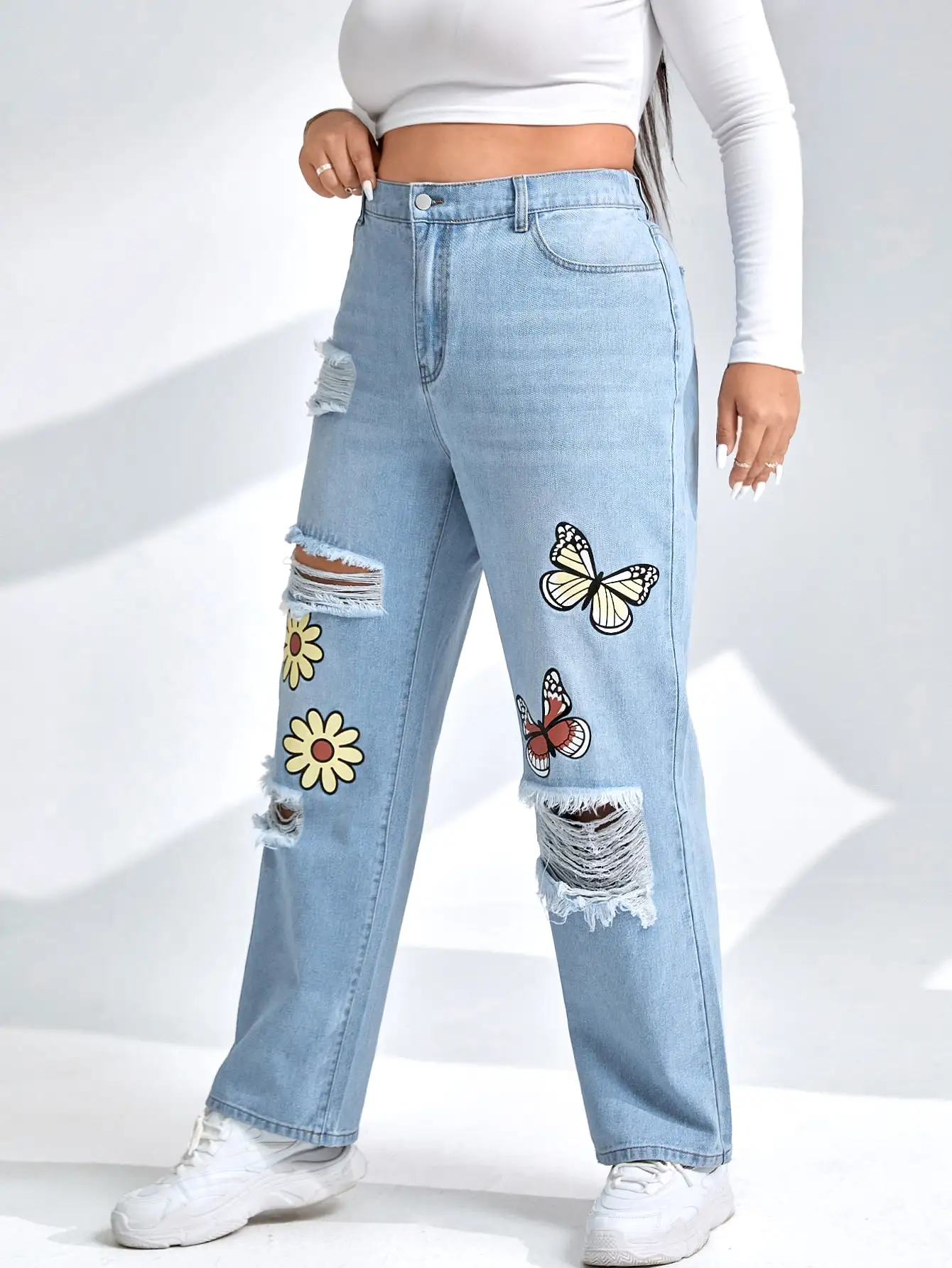 Plus Floral Butterfly Print High Waist Ripped Straight Leg Jeans