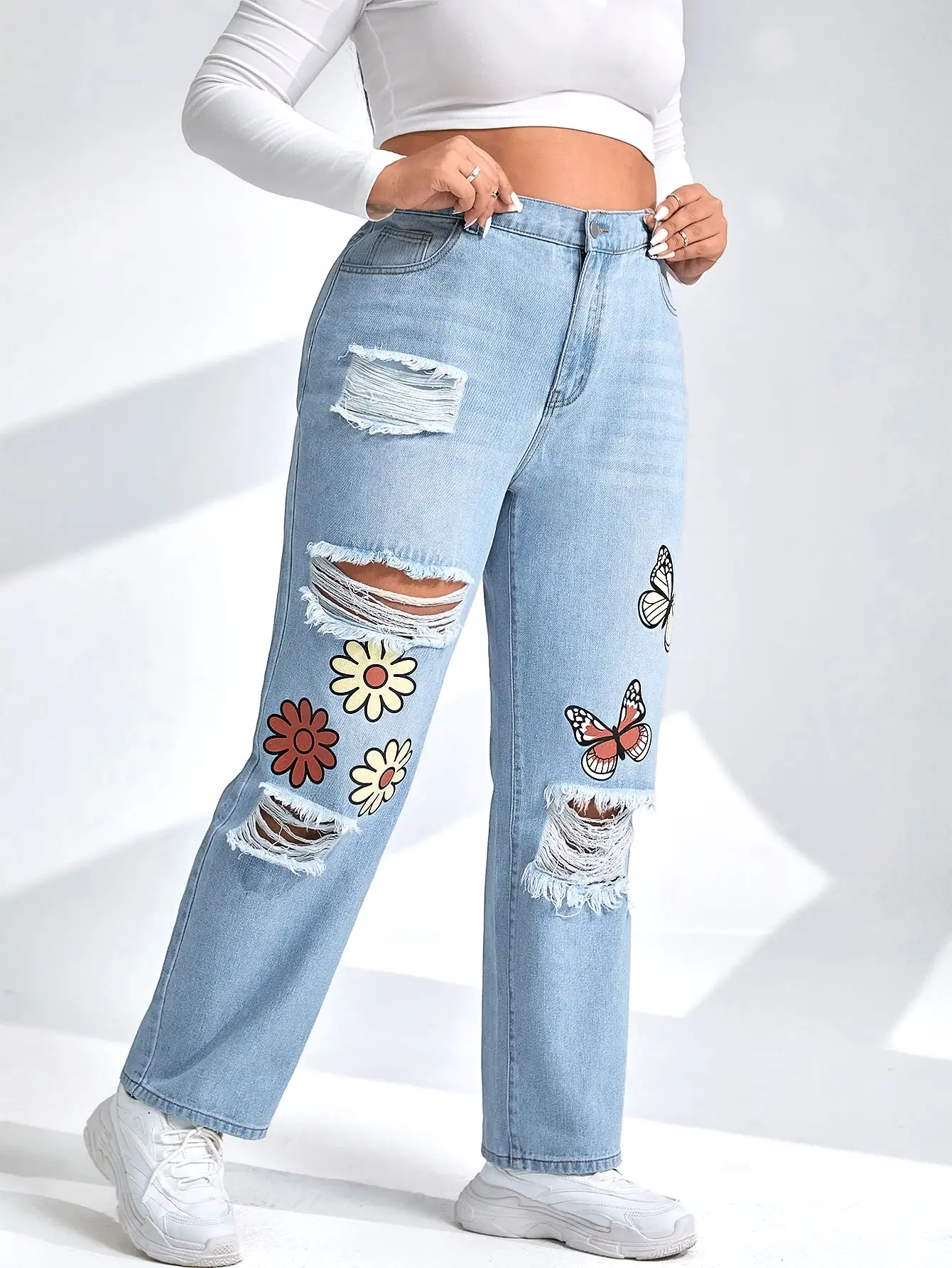 Plus Floral Butterfly Print High Waist Ripped Straight Leg Jeans