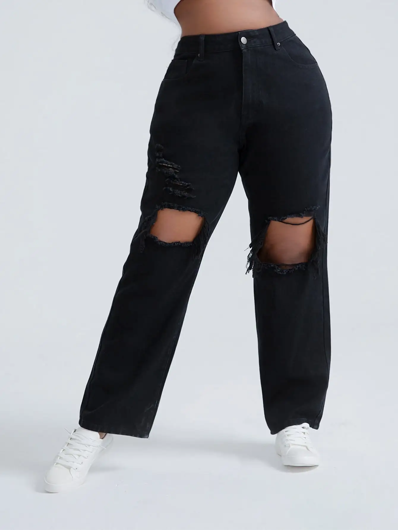 Plus High Waist Cut Out Ripped Frayed Jeans