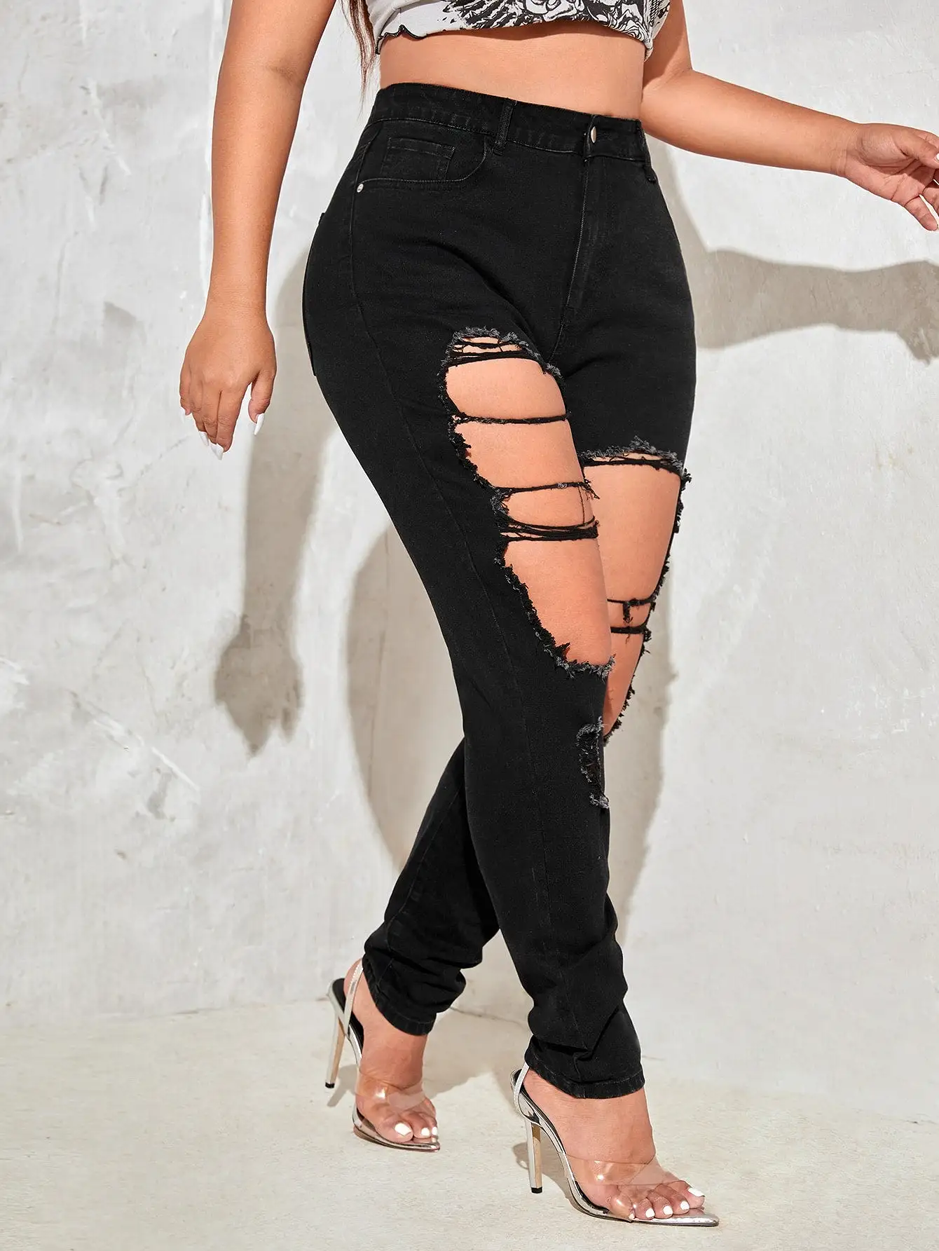 Plus High Waist Cut Out Ripped Skinny Jeans