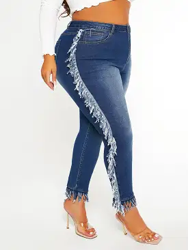 Plus High Waist Fringe Trim Skinny Jeans