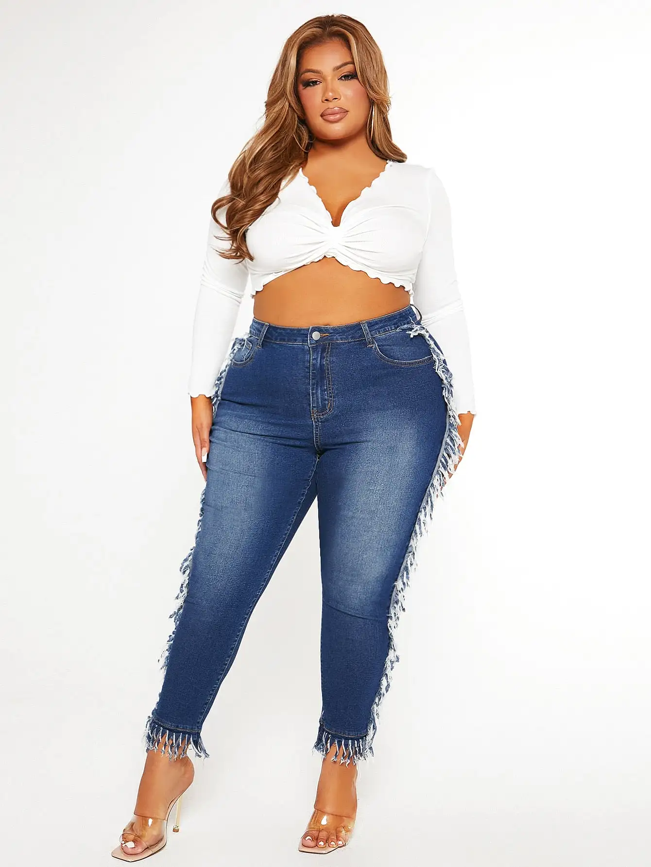 Plus High Waist Fringe Trim Skinny Jeans