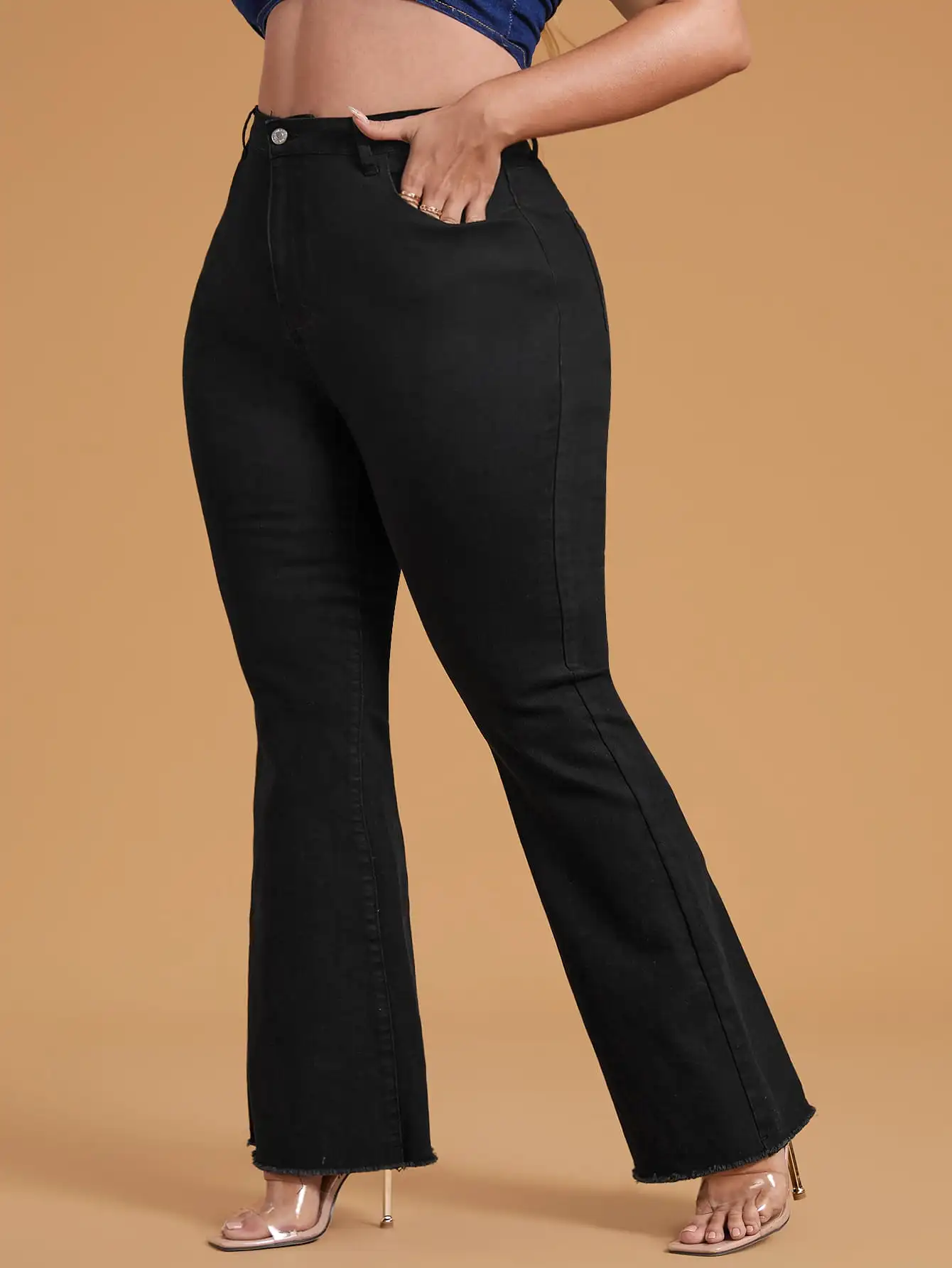 Plus High Waist Raw Cut Flare Leg Jeans