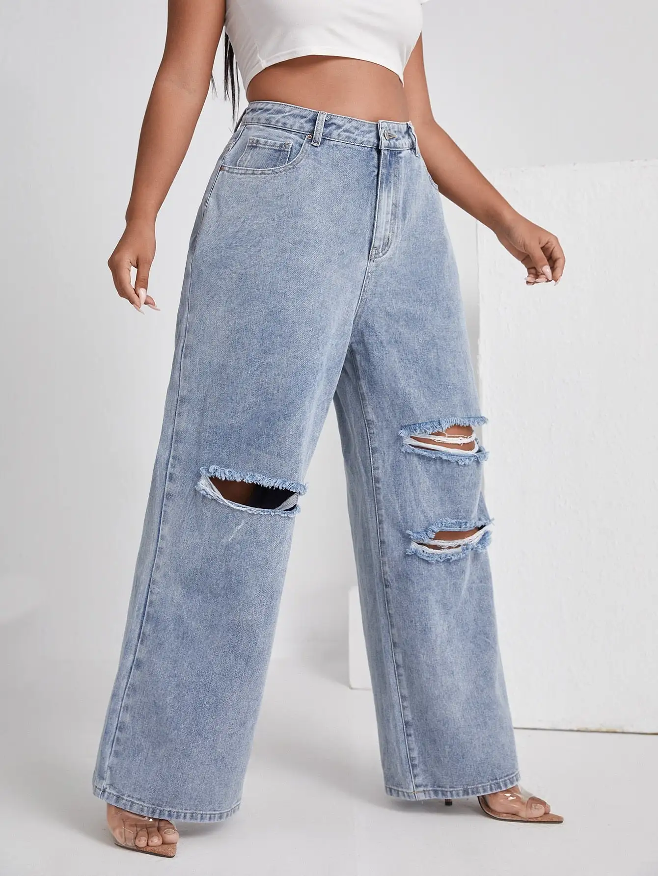 Plus High Waist Ripped Wide Leg Jeans