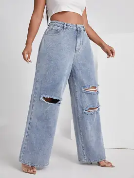 Plus High Waist Ripped Wide Leg Jeans