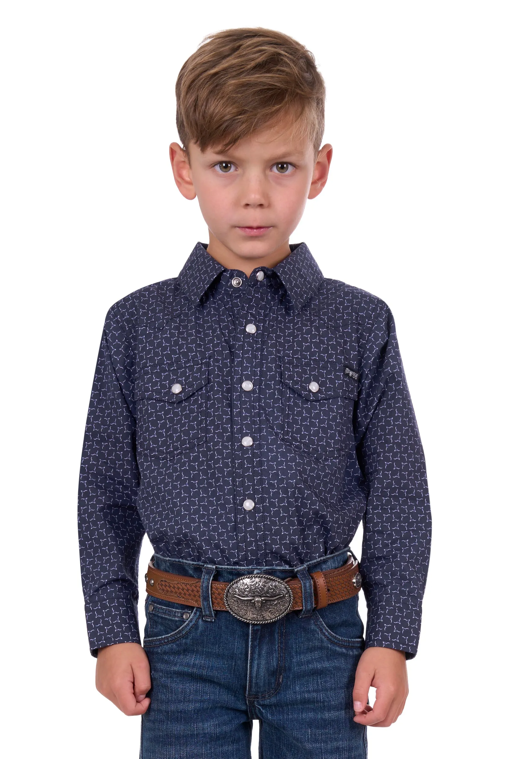 Pure Western Boys Jett Print Western L/S Shirt - Navy/White - P4S3100951